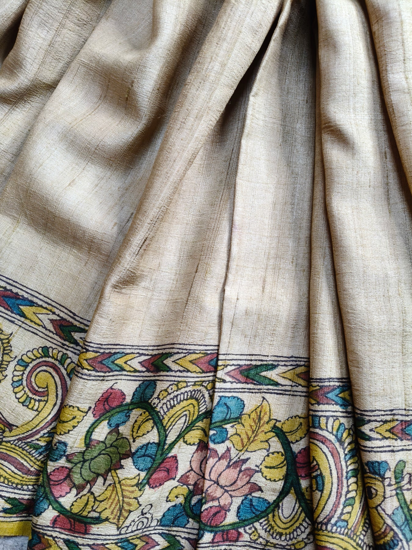 CREAM TUSSAR SILK PURE HANDLOOM KALAMKARI SAREE