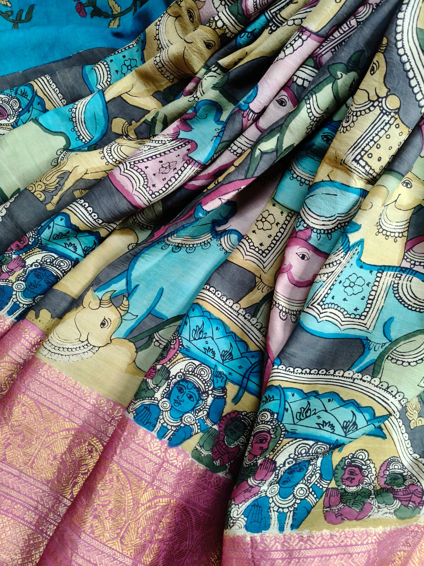 OLIVE CHANNAWRI SILK PURE HANDLOOM KALAMKARI SAREE