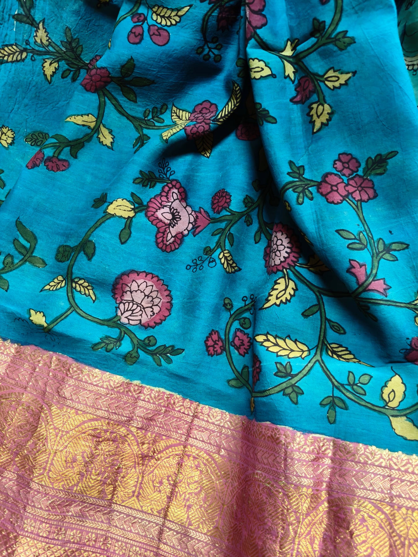 OLIVE CHANNAWRI SILK PURE HANDLOOM KALAMKARI SAREE