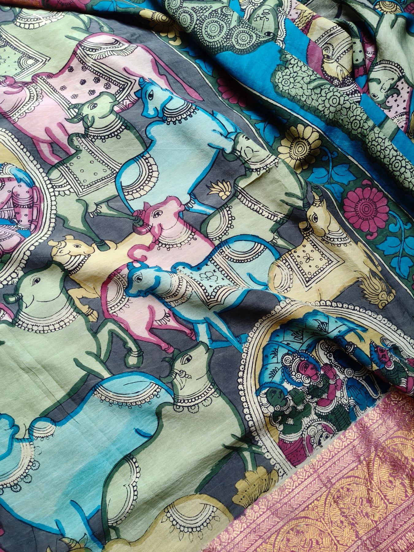 OLIVE CHANNAWRI SILK PURE HANDLOOM KALAMKARI SAREE