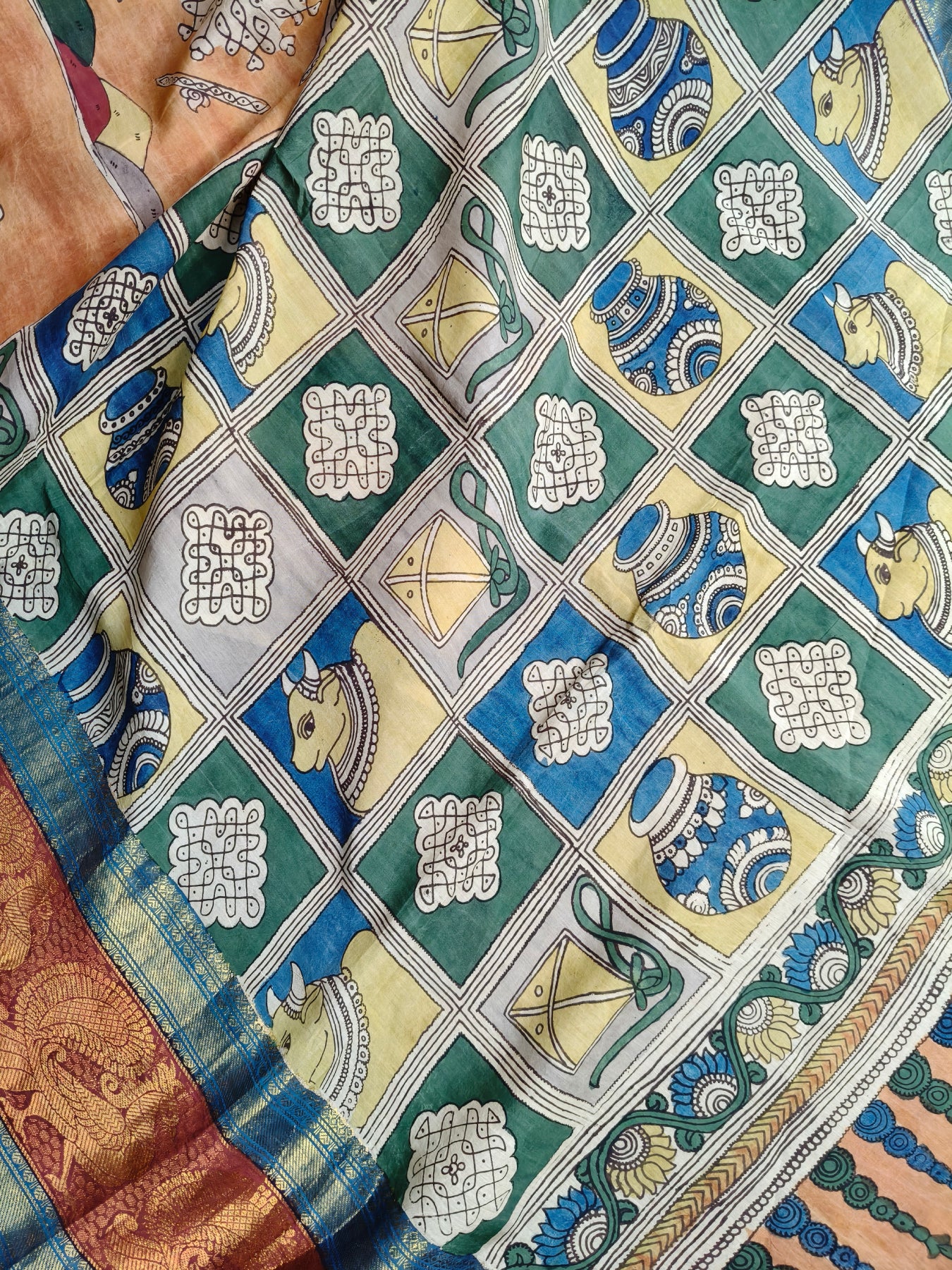ORANGE CHANDERI SILK PURE HANDLOOM KALAMKARI SAREE