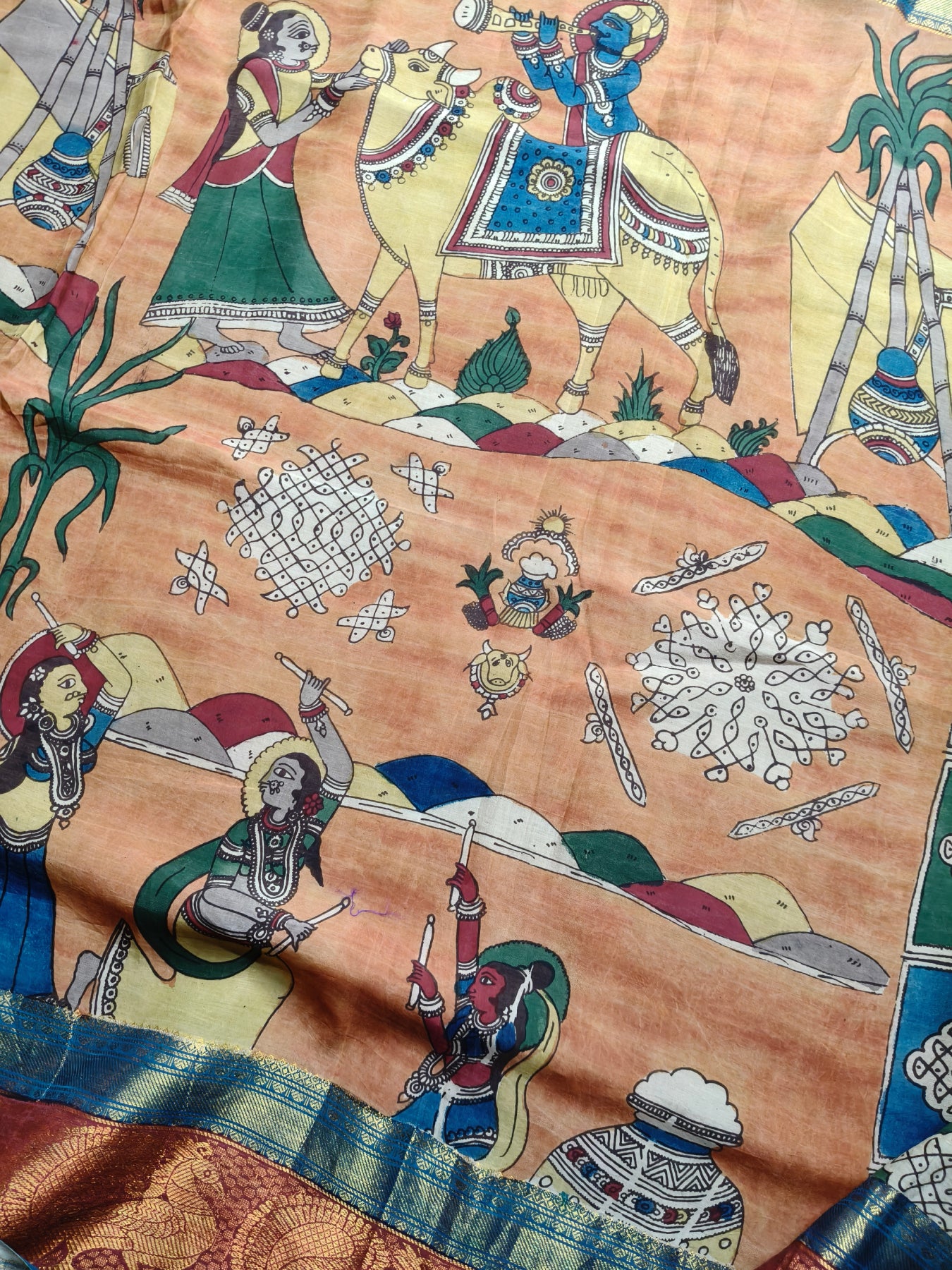 ORANGE CHANDERI SILK PURE HANDLOOM KALAMKARI SAREE