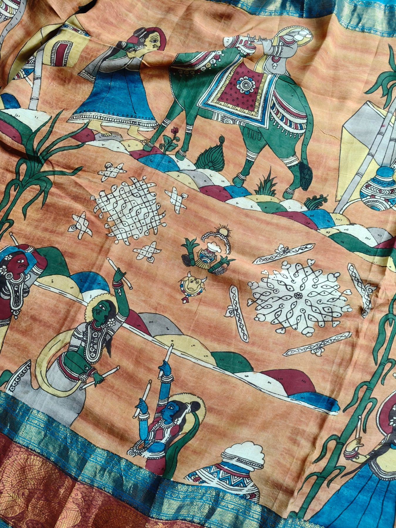 ORANGE CHANDERI SILK PURE HANDLOOM KALAMKARI SAREE