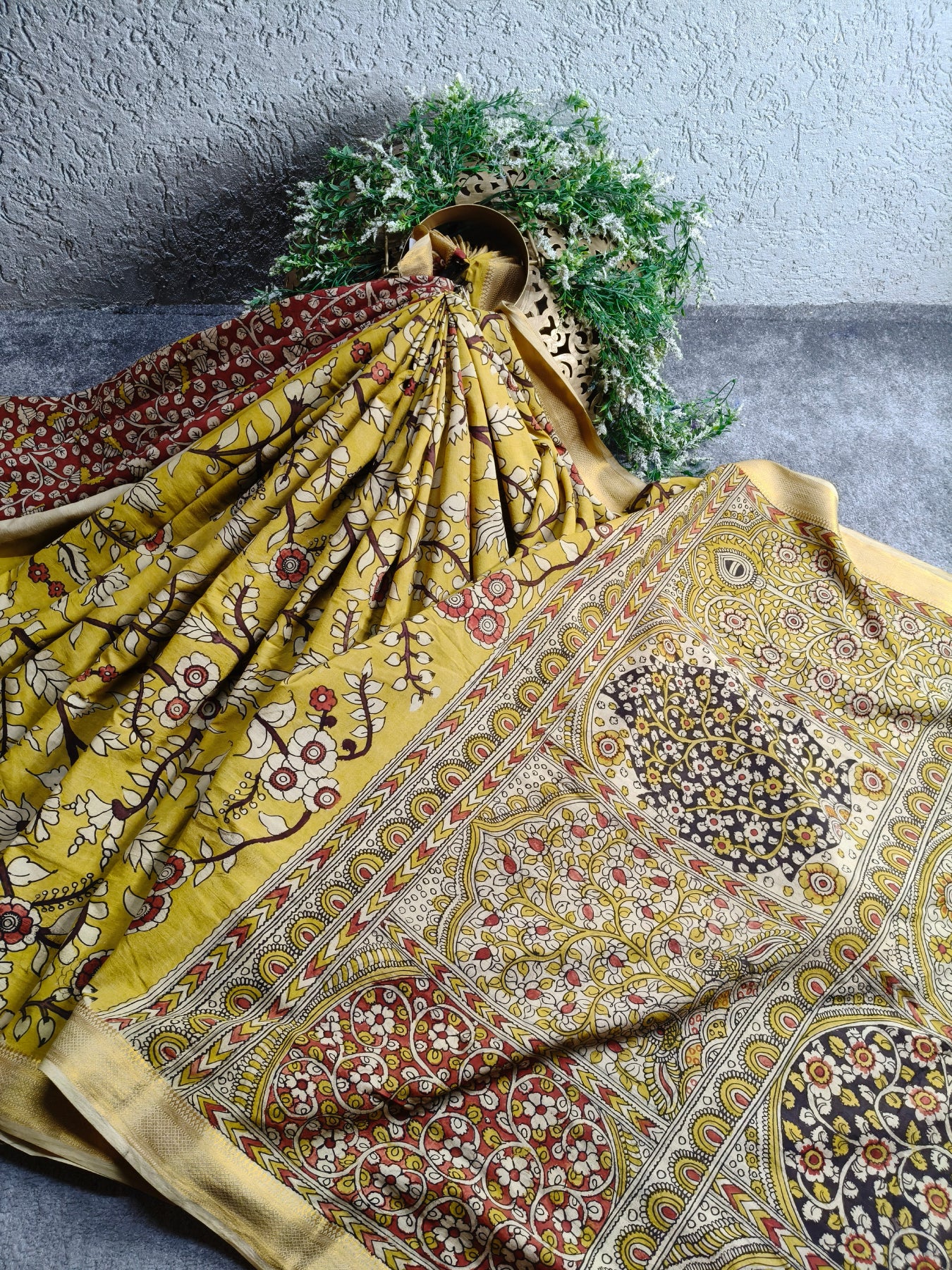 YELLOW COTTON PURE HANDLOOM KALAMKARI SAREE