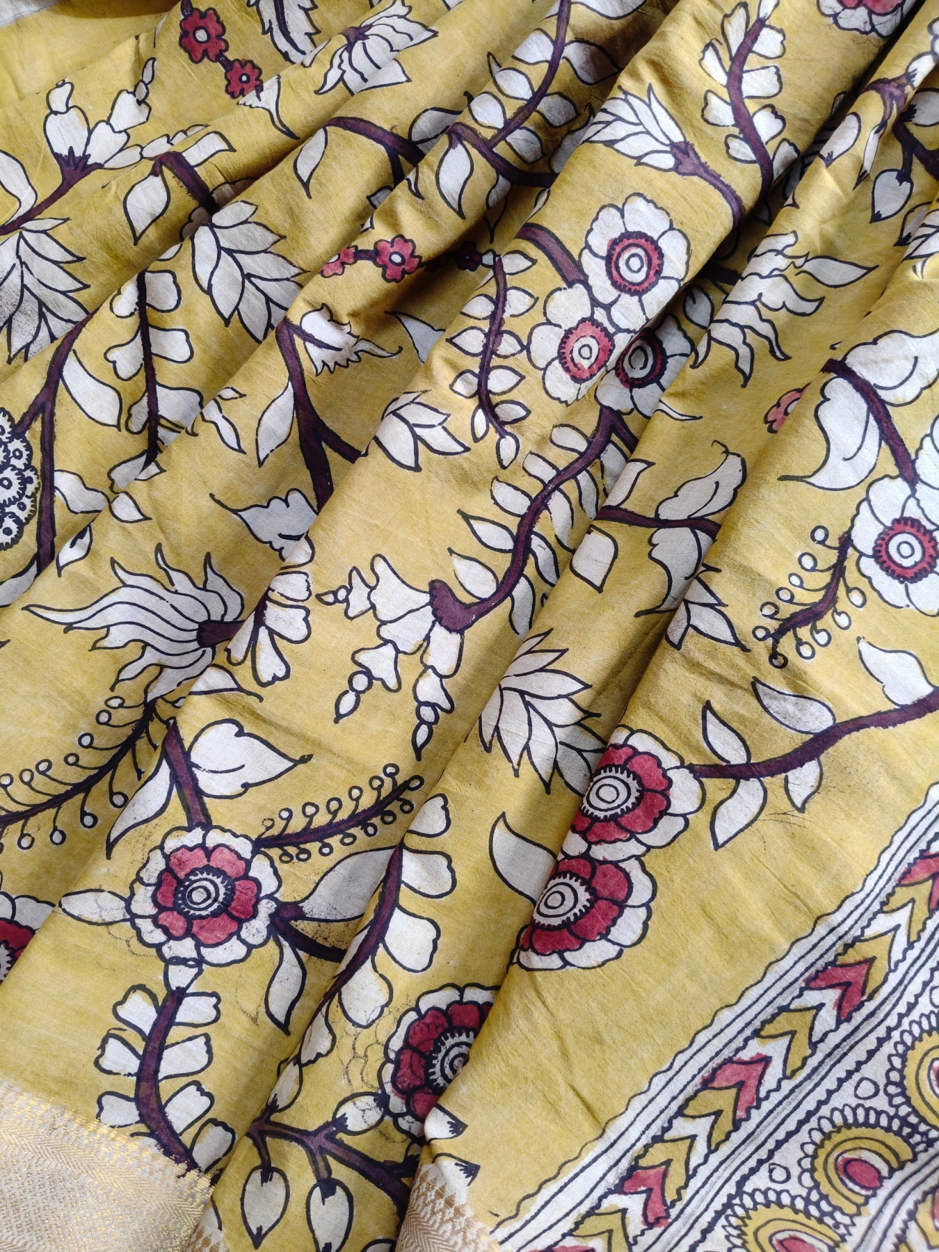 YELLOW COTTON PURE HANDLOOM KALAMKARI SAREE
