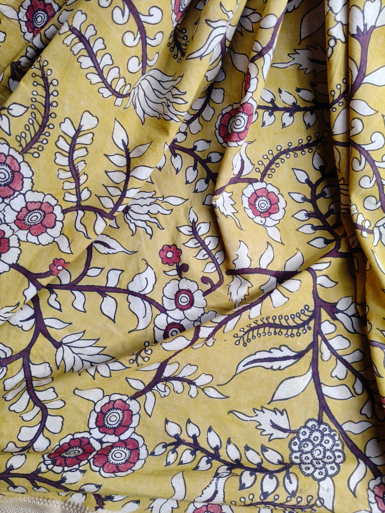 YELLOW COTTON PURE HANDLOOM KALAMKARI SAREE
