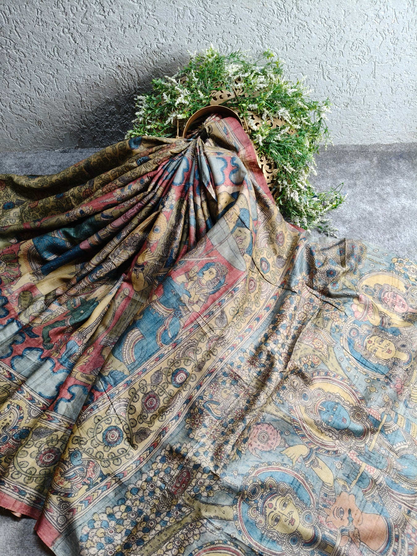 BLUE TUSSAR SILK PURE HANDLOOM KALAMKARI SAREE