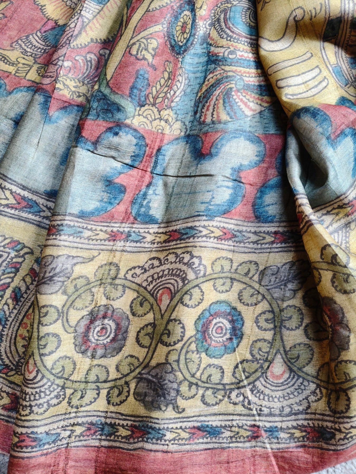 BLUE TUSSAR SILK PURE HANDLOOM KALAMKARI SAREE