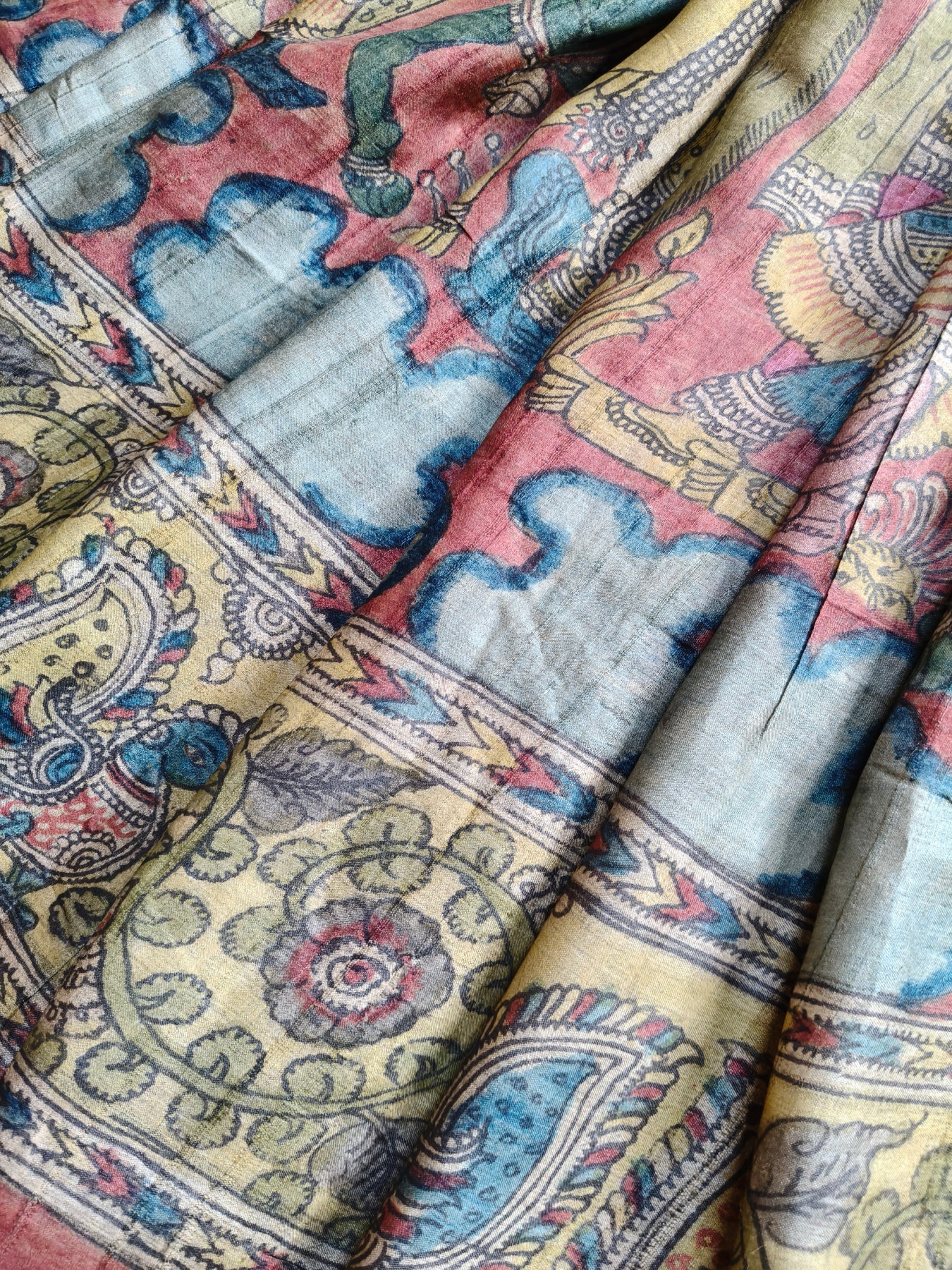 BLUE TUSSAR SILK PURE HANDLOOM KALAMKARI SAREE