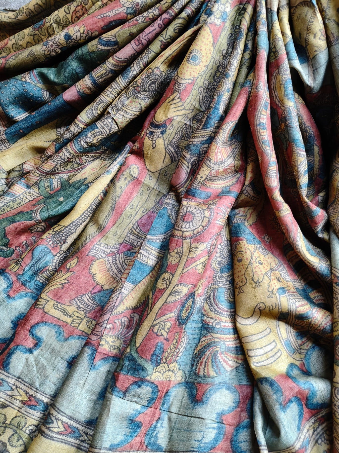 BLUE TUSSAR SILK PURE HANDLOOM KALAMKARI SAREE