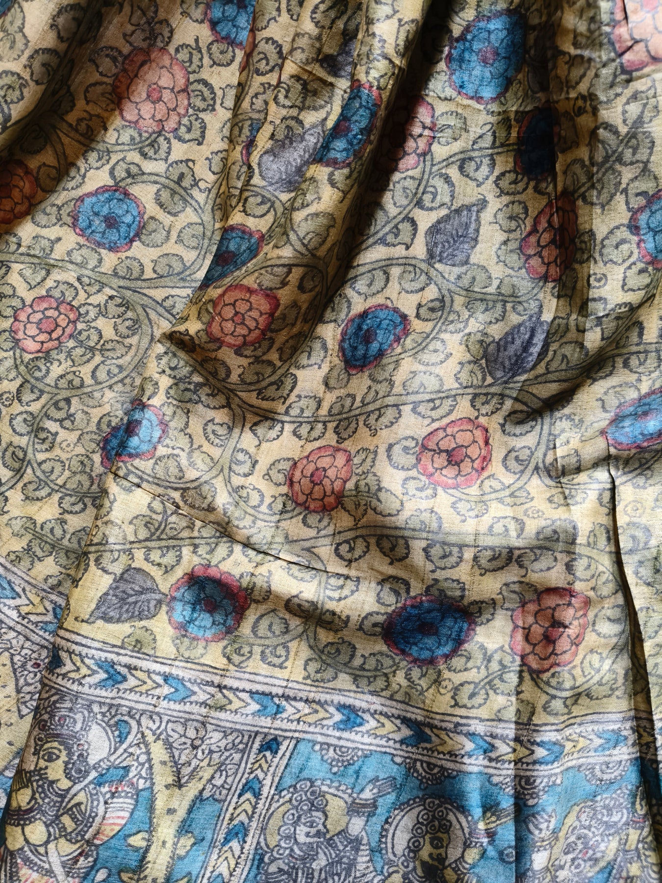 BLUE TUSSAR SILK PURE HANDLOOM KALAMKARI SAREE