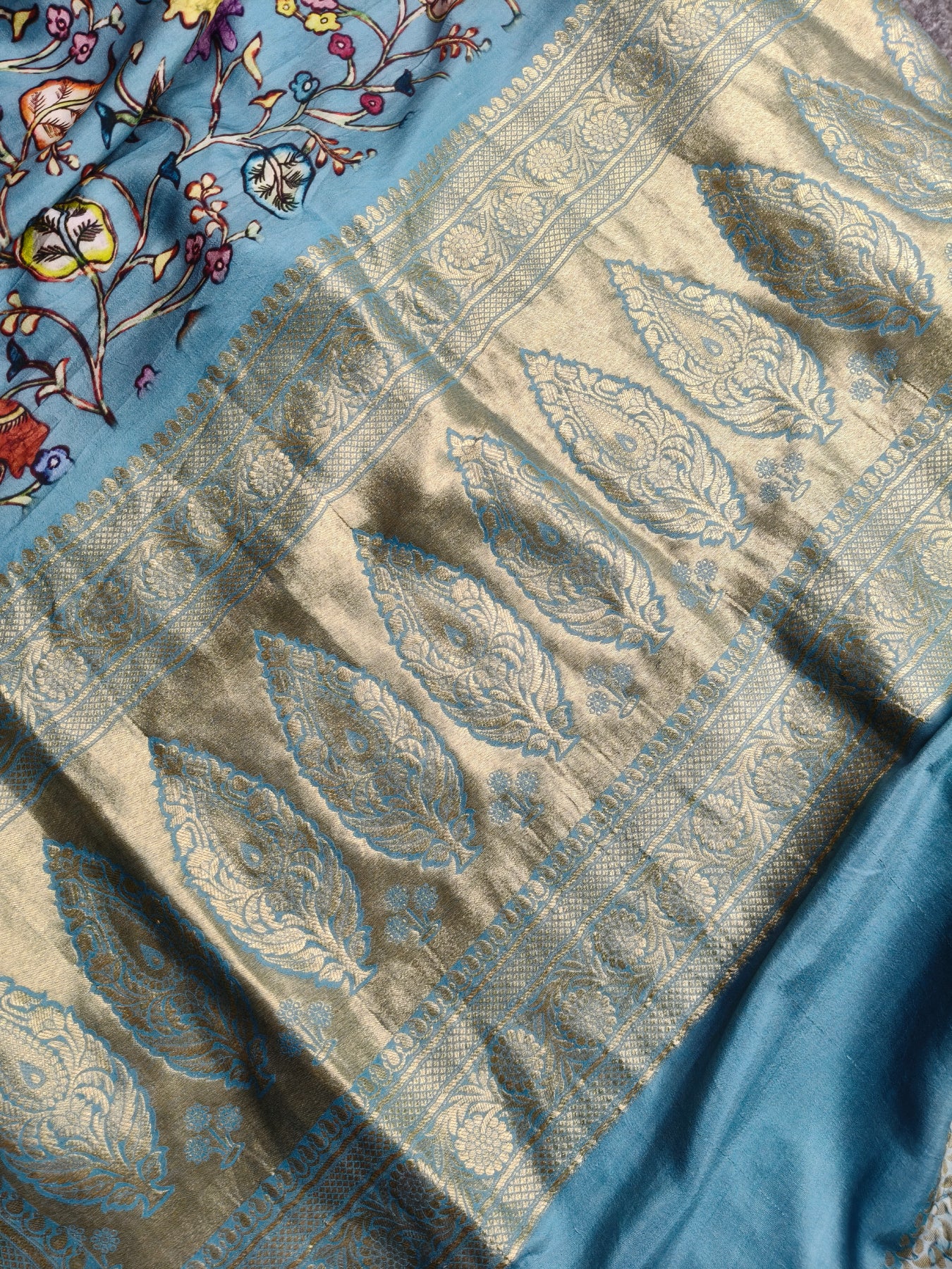BLUE MUNGA SILK PURE HANDLOOM KALAMKARI SAREE