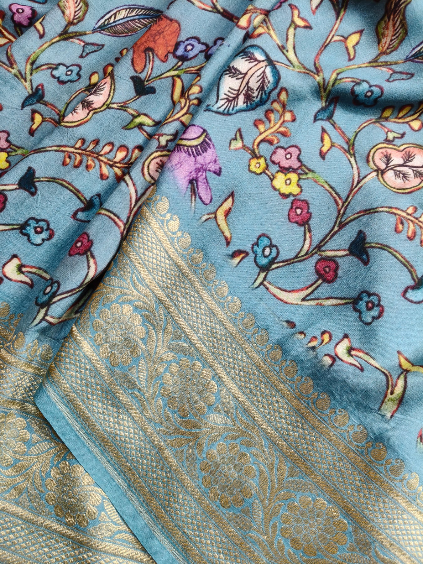 BLUE MUNGA SILK PURE HANDLOOM KALAMKARI SAREE