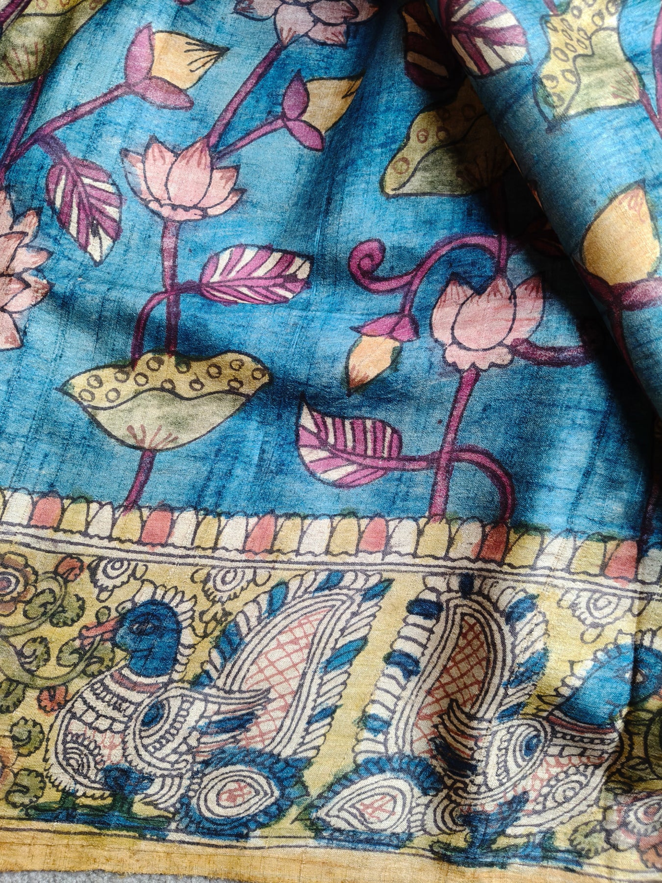 BLUE TUSSAR PURE HANDLOOM KALAMKARI SAREE