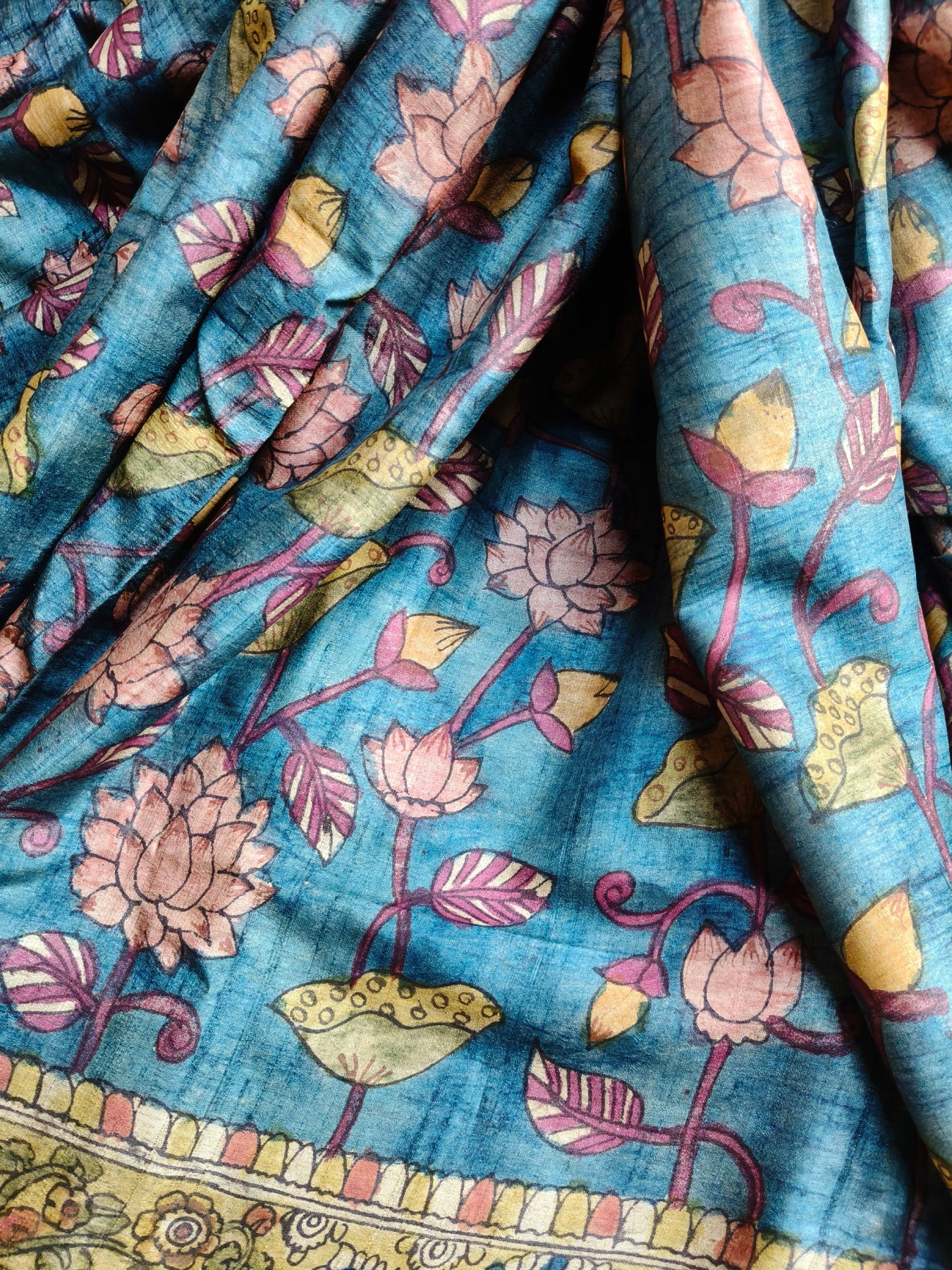 BLUE TUSSAR PURE HANDLOOM KALAMKARI SAREE