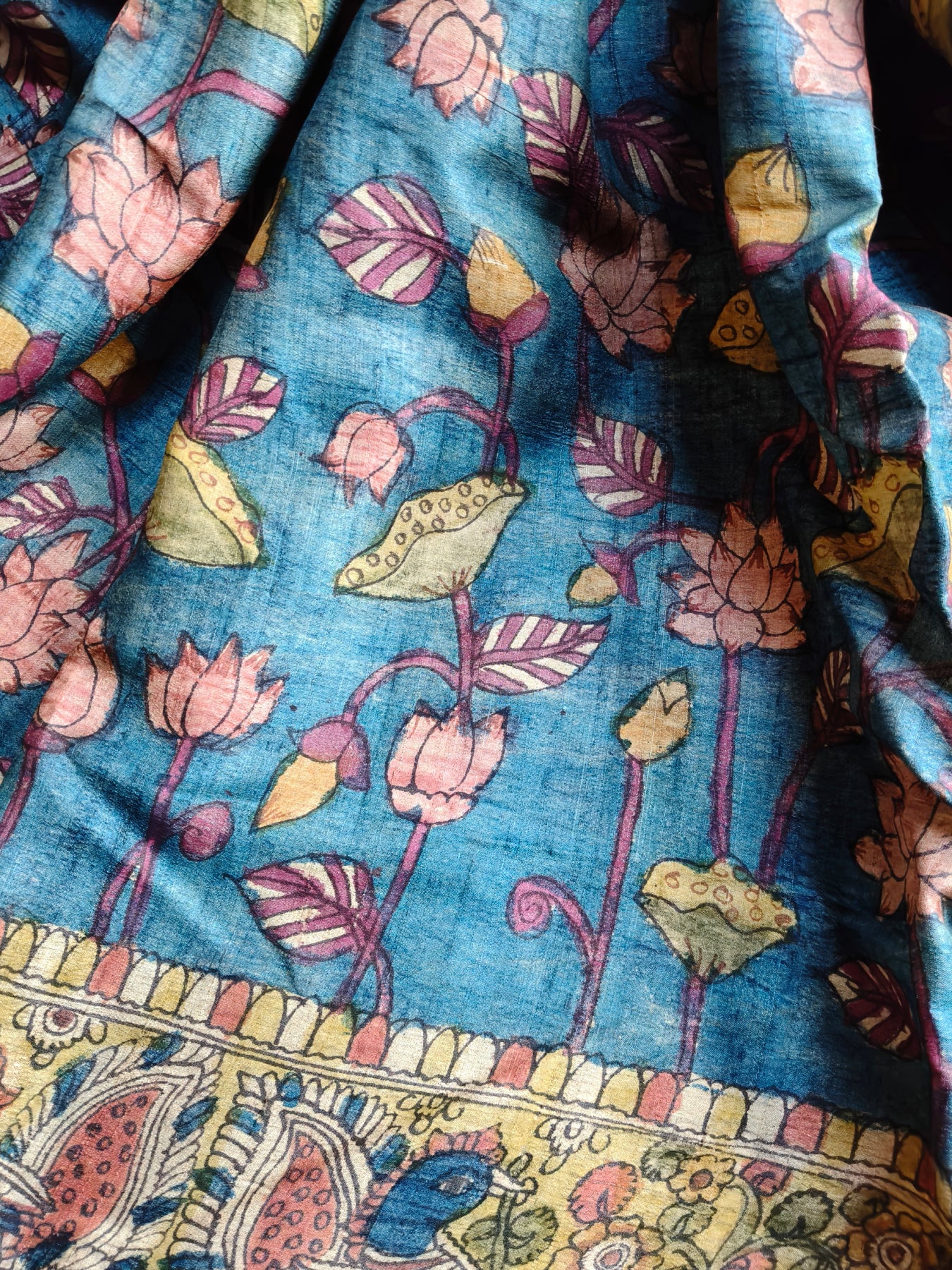 BLUE TUSSAR PURE HANDLOOM KALAMKARI SAREE