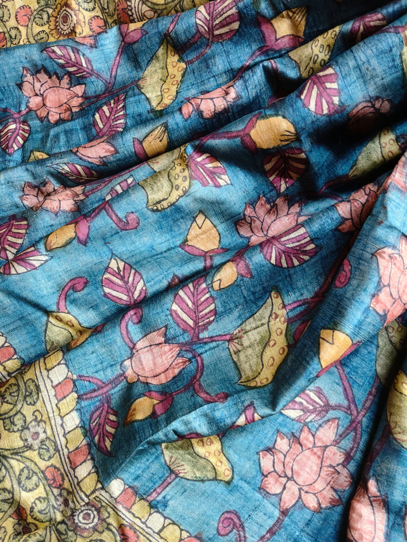 BLUE TUSSAR PURE HANDLOOM KALAMKARI SAREE