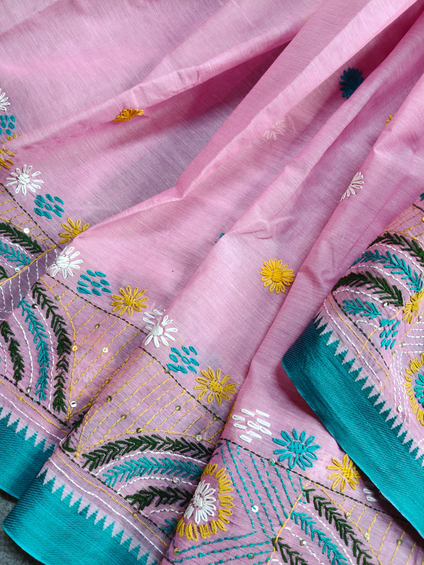 PINK COTTON PURE HANDLOOM EMROIDERY SAREE