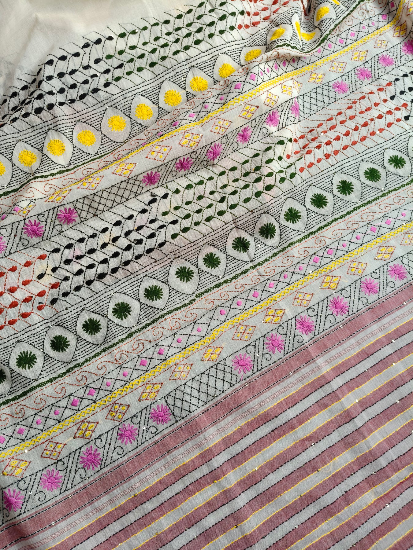 WHITE COTTON PURE HANDLOOM EMBROIDERY SAREE