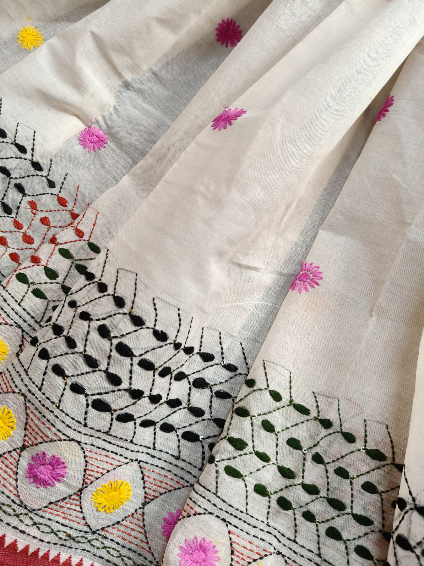 WHITE COTTON PURE HANDLOOM EMBROIDERY SAREE