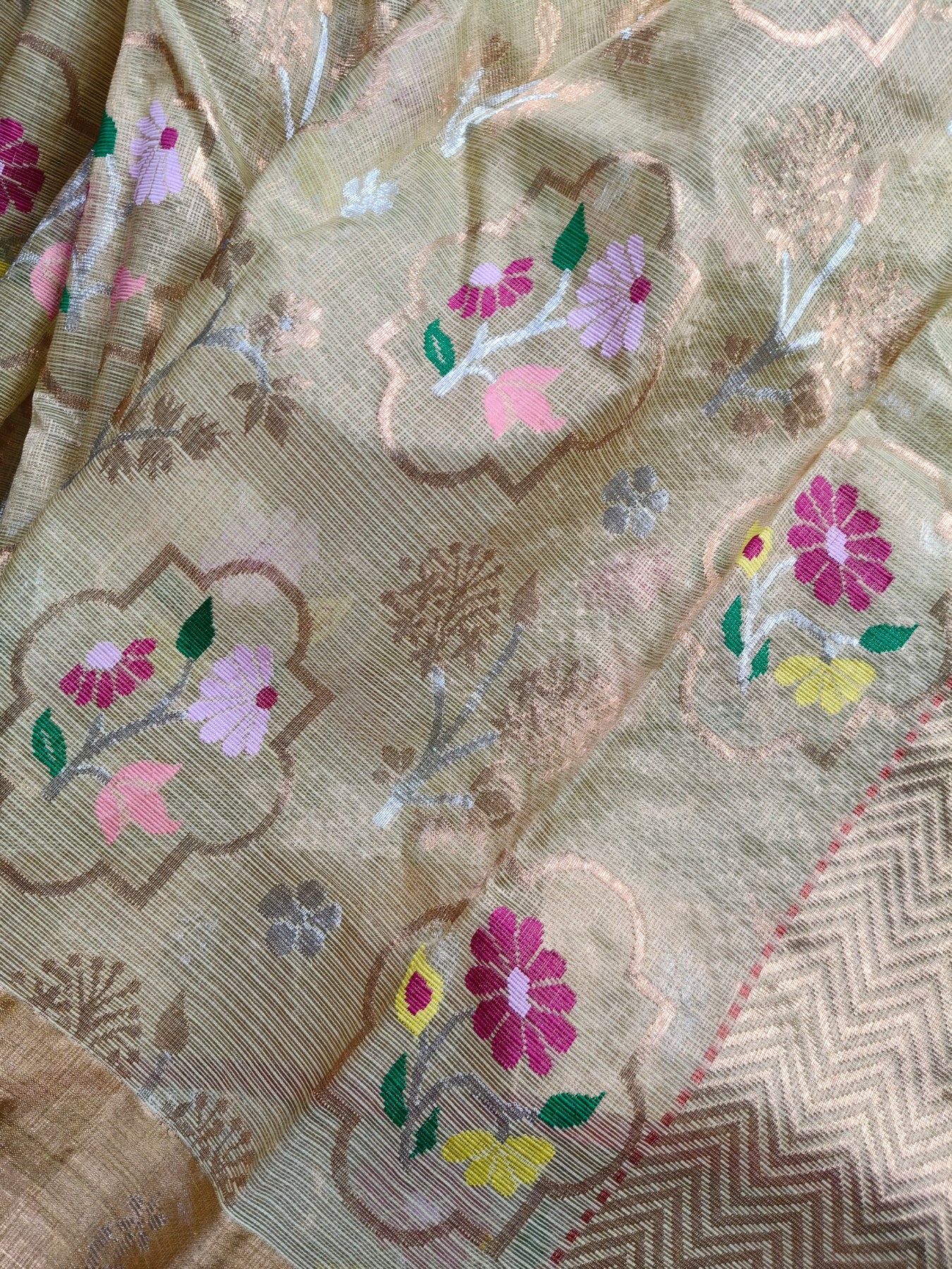 LIGHT YELLOW TISSUE PURE HANDLOOM SINGLE TISSUE KOTA DORIYA SAREE