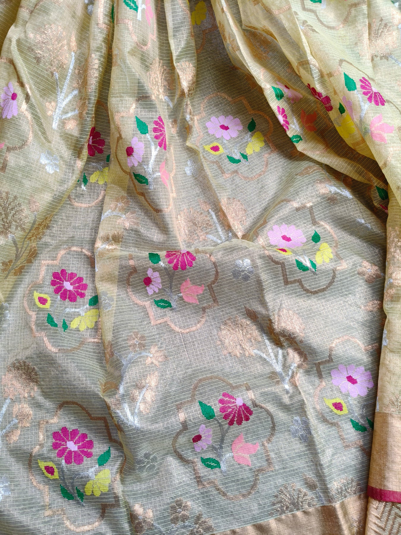 LIGHT YELLOW TISSUE PURE HANDLOOM SINGLE TISSUE KOTA DORIYA SAREE
