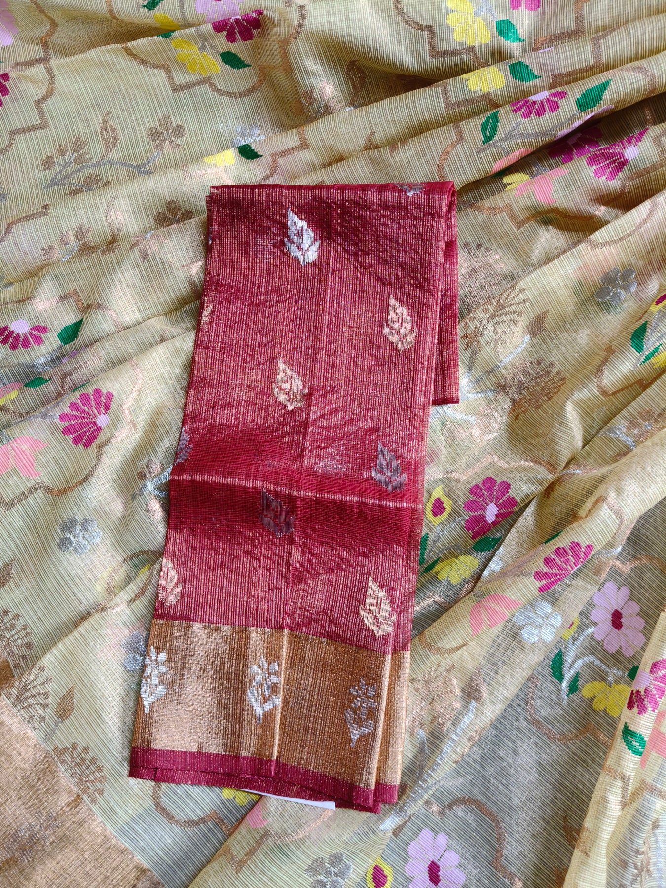 LIGHT YELLOW TISSUE PURE HANDLOOM SINGLE TISSUE KOTA DORIYA SAREE
