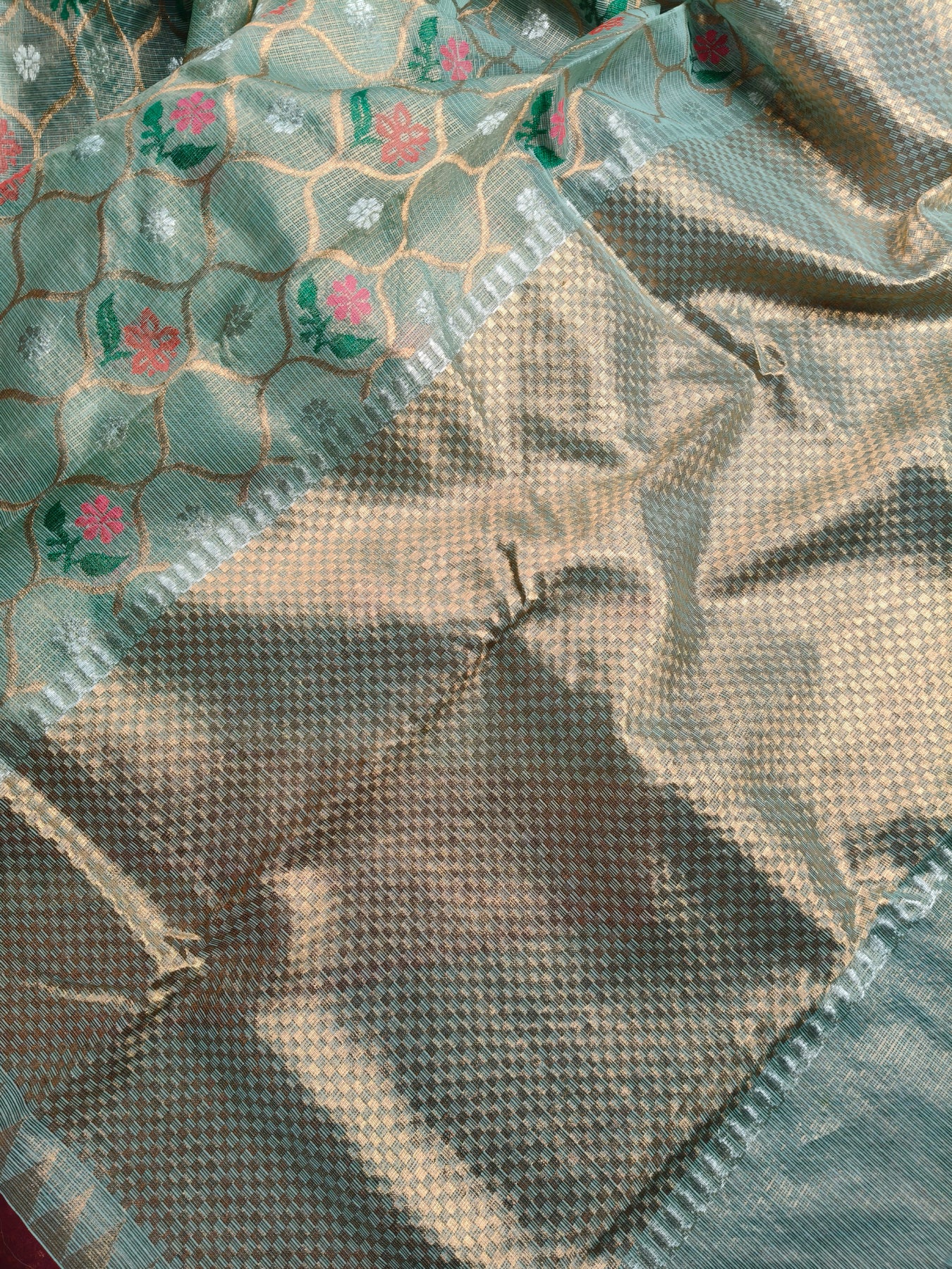 SEA GREEN TISSUE PURE HANDLOOM SINGLE TISSUE KOTA DORIYA SAREE