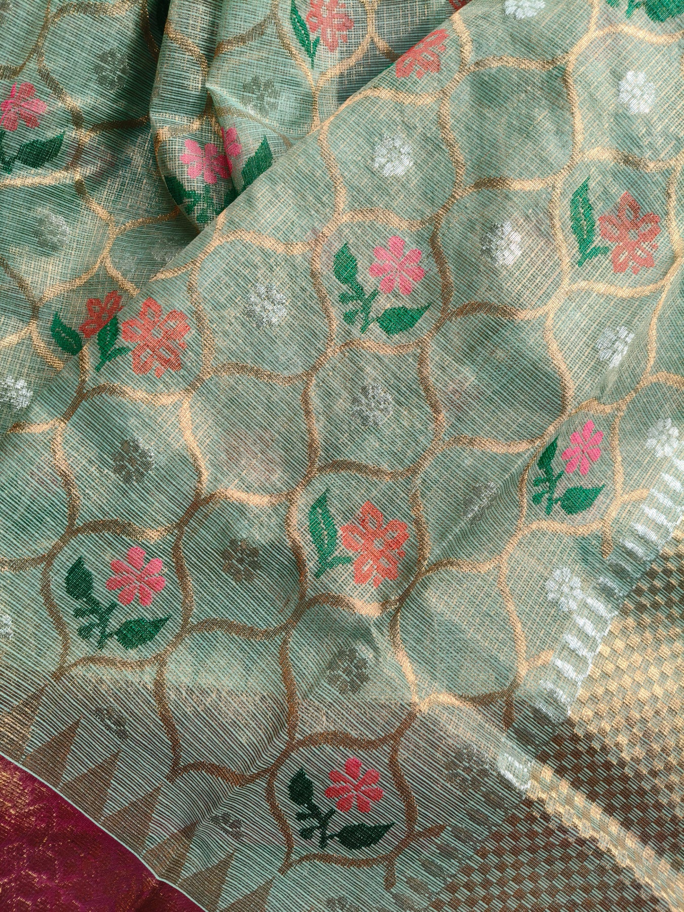 SEA GREEN TISSUE PURE HANDLOOM SINGLE TISSUE KOTA DORIYA SAREE