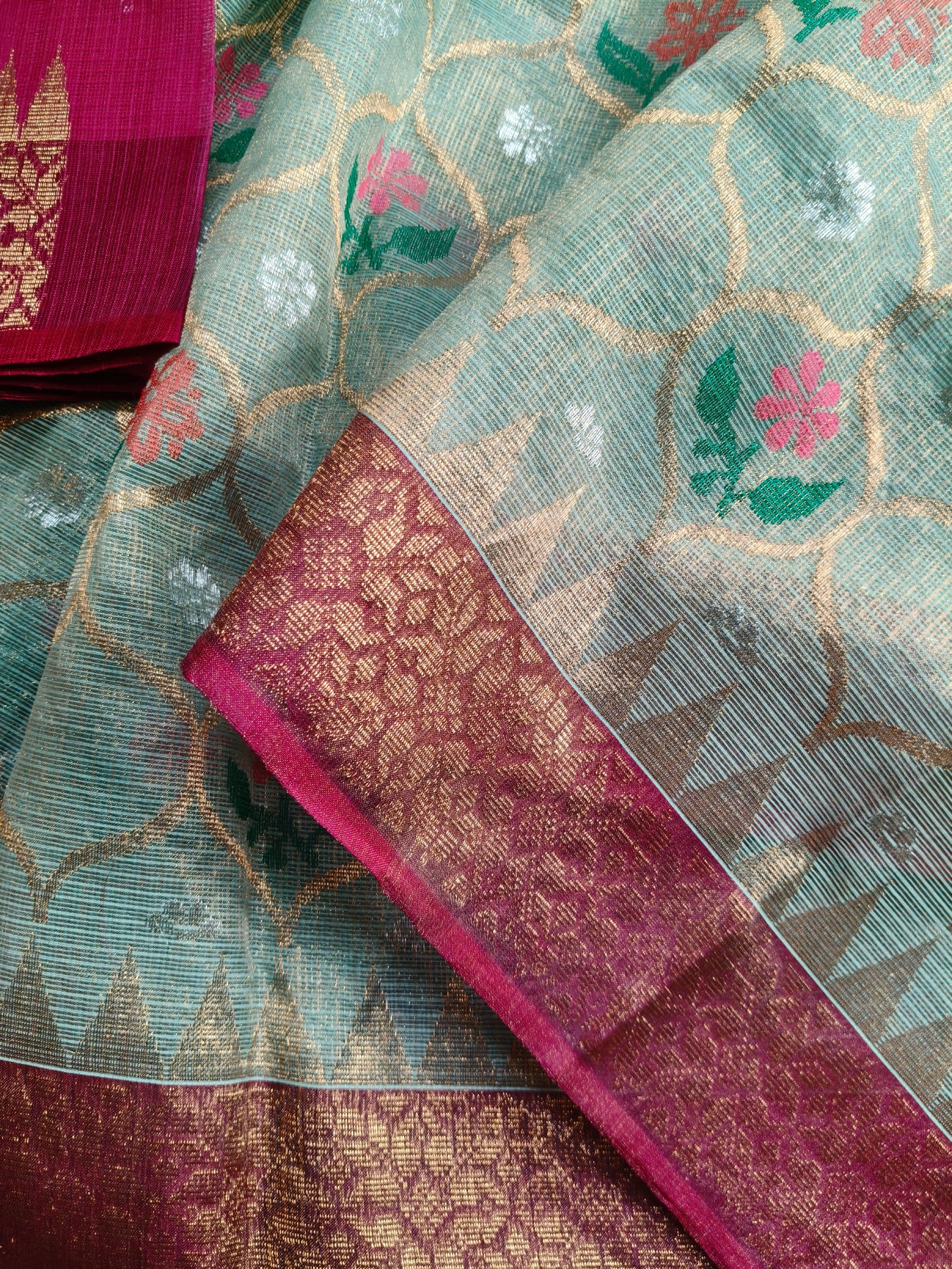 SEA GREEN TISSUE PURE HANDLOOM SINGLE TISSUE KOTA DORIYA SAREE