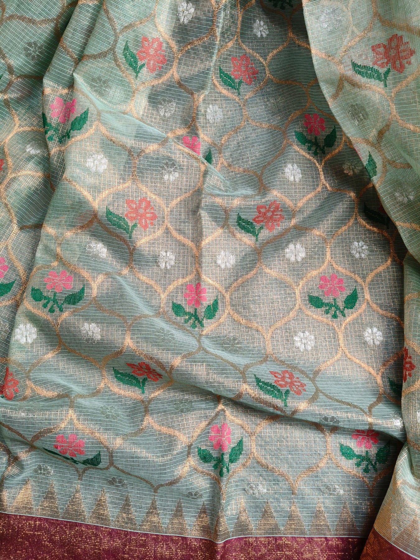 SEA GREEN TISSUE PURE HANDLOOM SINGLE TISSUE KOTA DORIYA SAREE