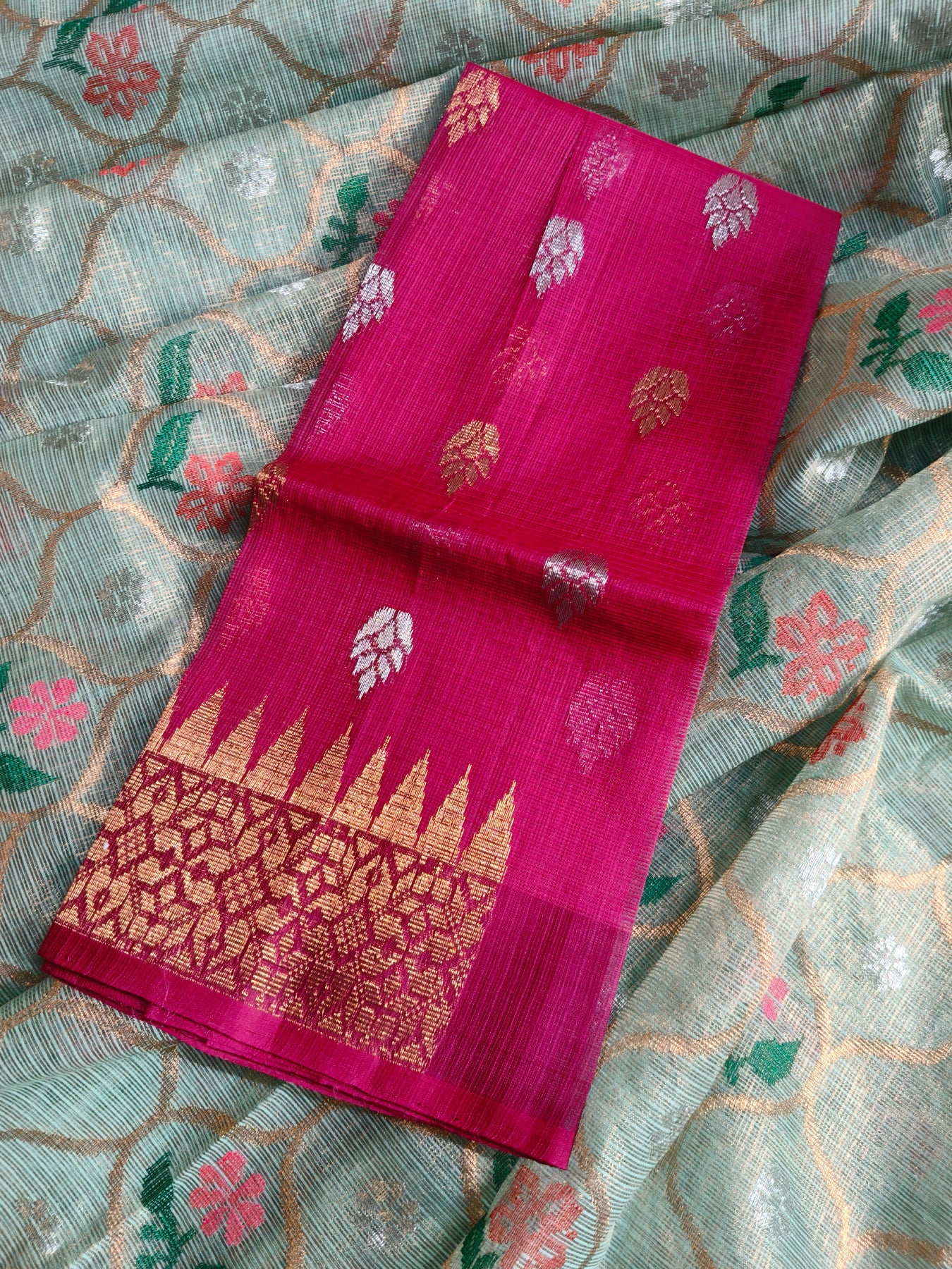 SEA GREEN TISSUE PURE HANDLOOM SINGLE TISSUE KOTA DORIYA SAREE