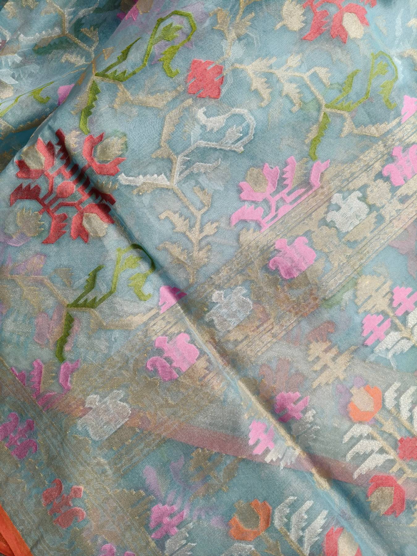 BLUE KORA COTTON PURE HANDLOOM BANARASI SAREE