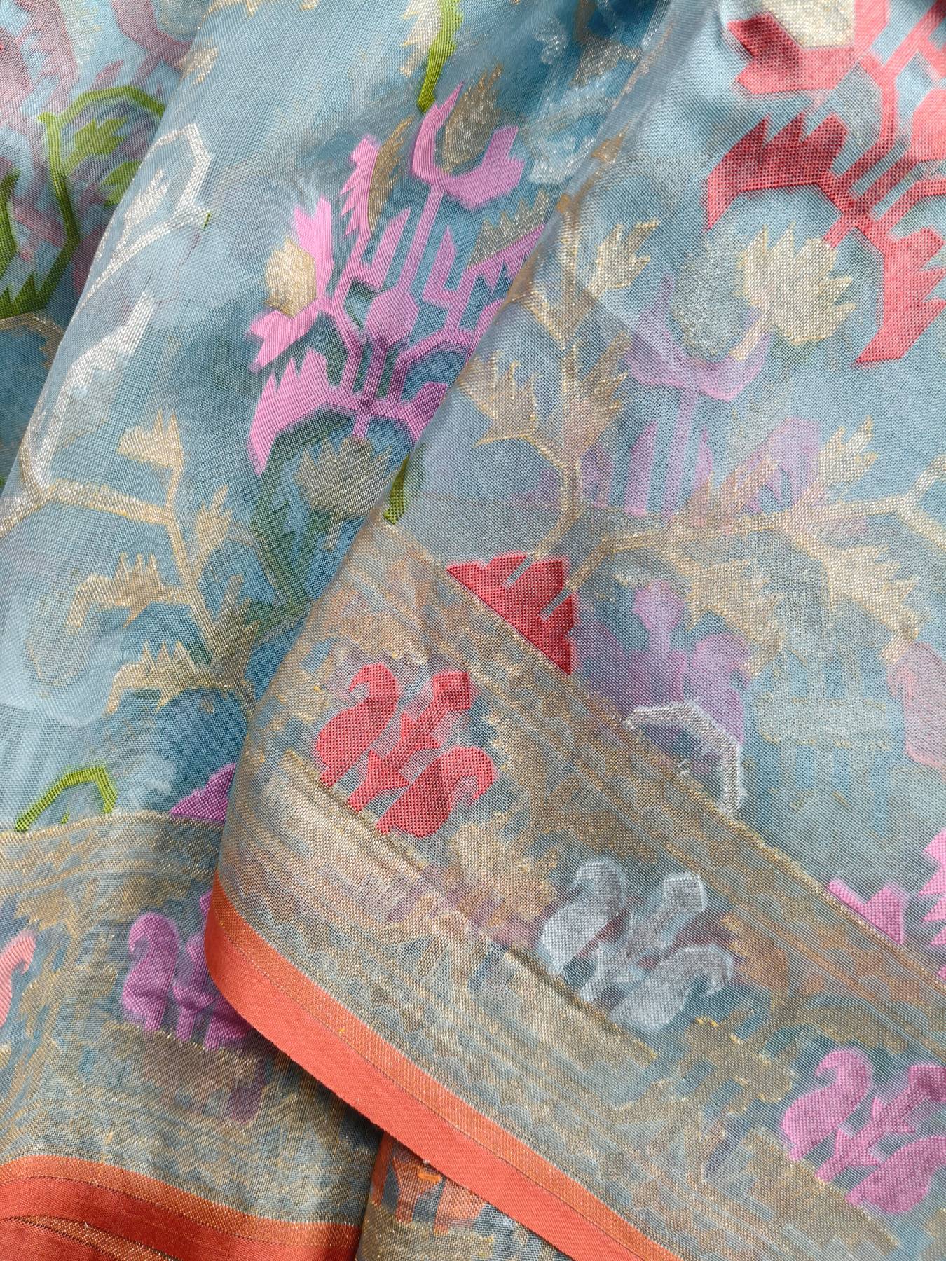 BLUE KORA COTTON PURE HANDLOOM BANARASI SAREE