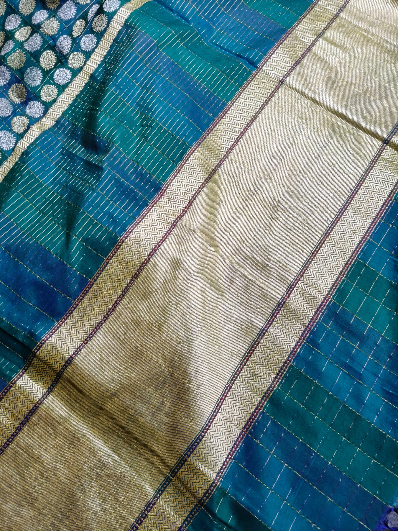 TEAL GREEN COTTON REAL JARI HANDLOOM BANARASI SAREE