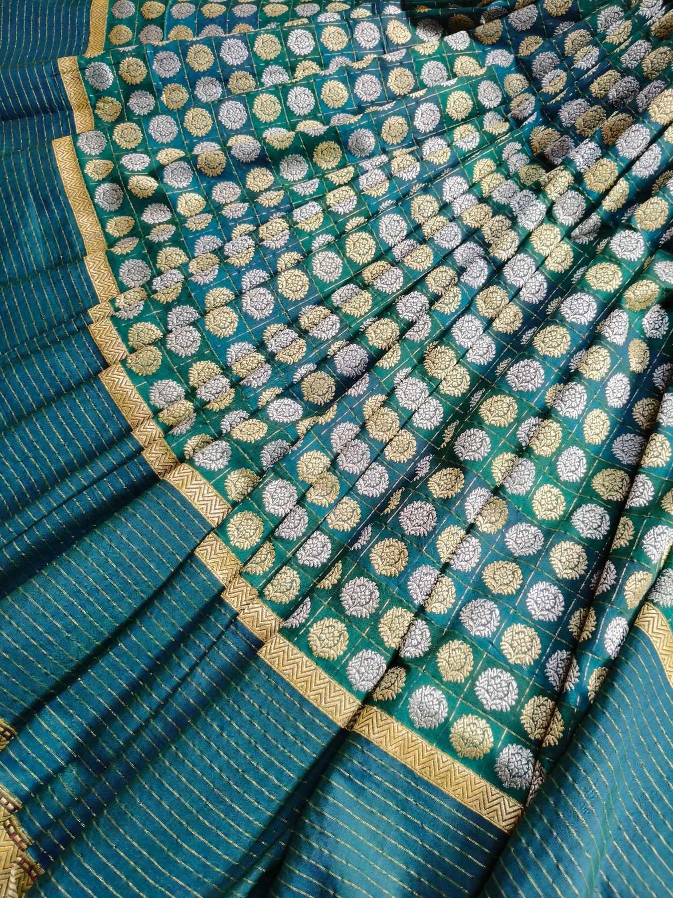 TEAL GREEN COTTON REAL JARI HANDLOOM BANARASI SAREE