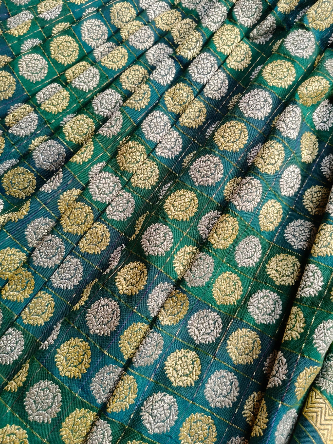 TEAL GREEN COTTON REAL JARI HANDLOOM BANARASI SAREE