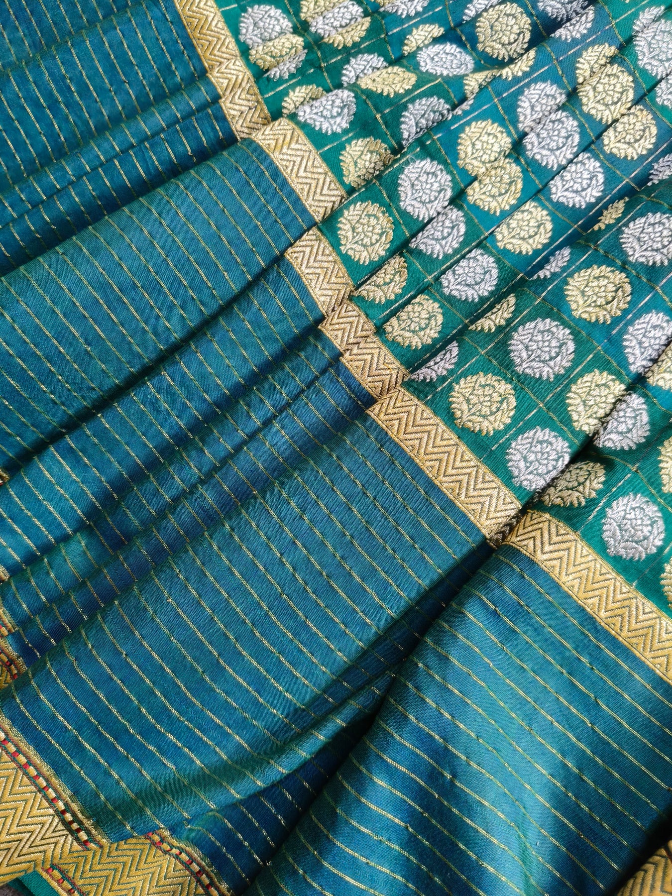 TEAL GREEN COTTON REAL JARI HANDLOOM BANARASI SAREE