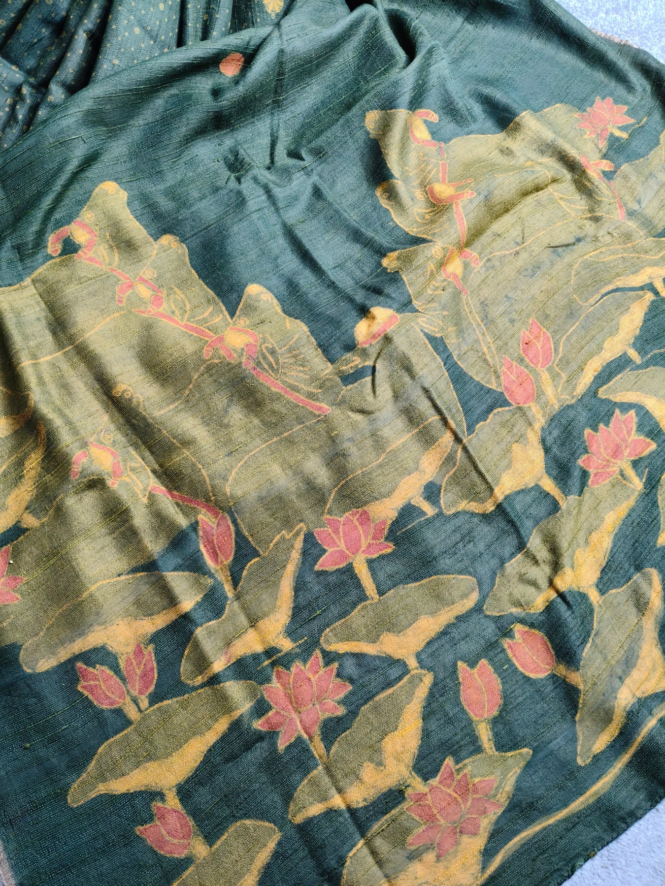GREEN DUPION SILK PURE HANDLOOM HANDBLOCK PRINT SAREE