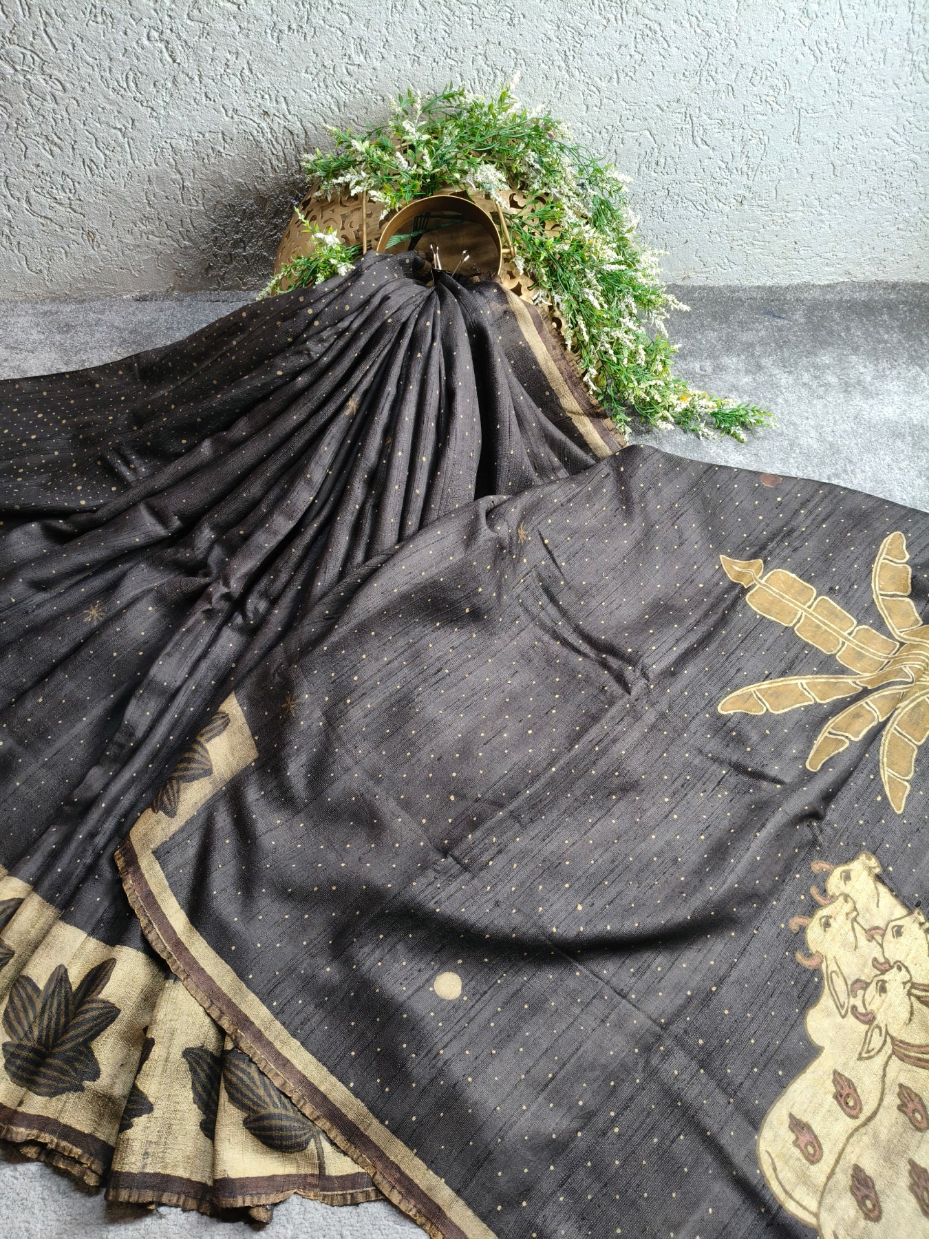 DARK BROWN DUPION SILK PURE HANDLOOM HANDBLOCK PRINT SAREE