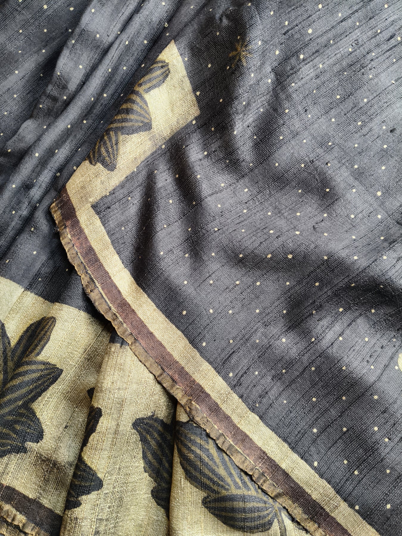 DARK BROWN DUPION SILK PURE HANDLOOM HANDBLOCK PRINT SAREE