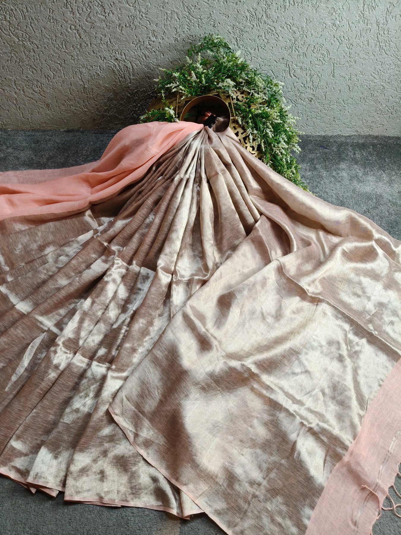POWDER PINK TWILL TISSUE PURE HANDLOOM METALLIC SAREE