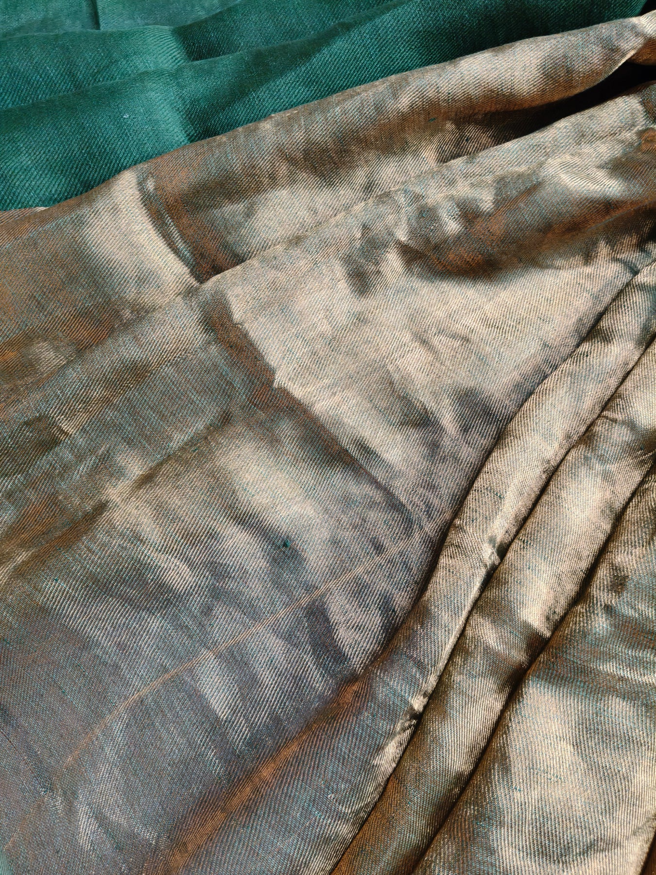 DARK GREEN TWILL TISSUE PURE HANDLOOM METALLIC SAREE