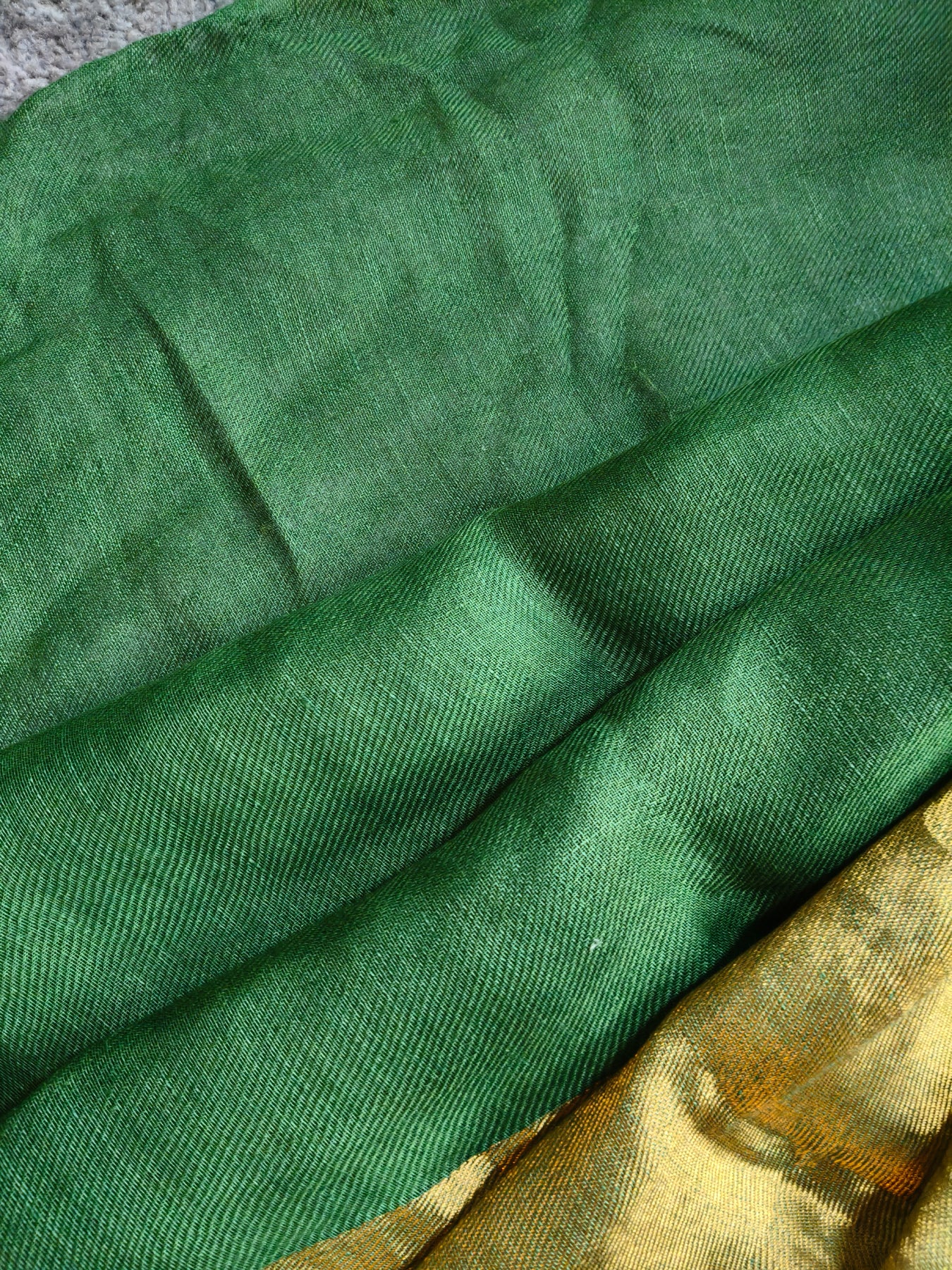 DARK GREEN TWILL TISSUE PURE HANDLOOM METALLIC SAREE
