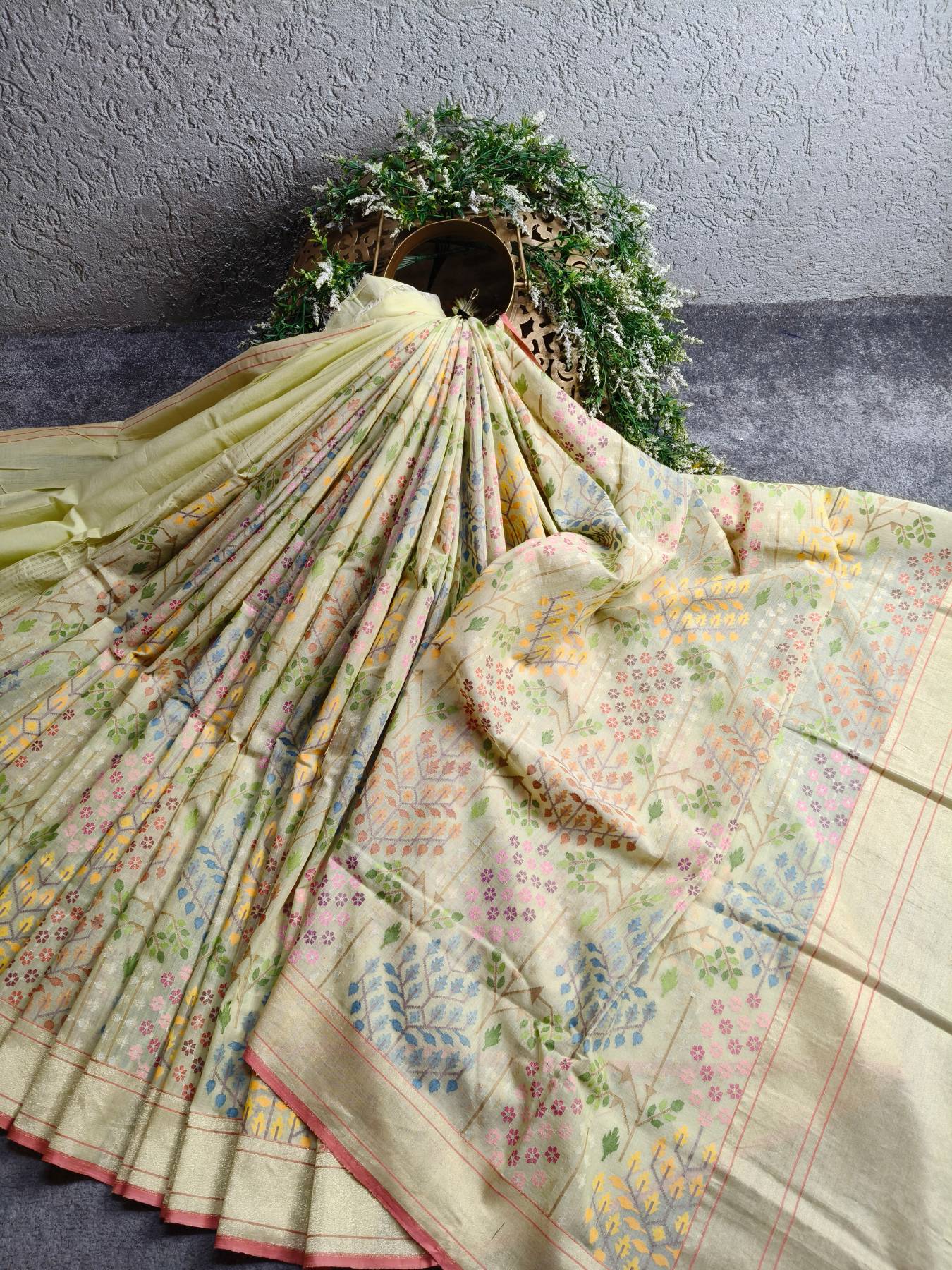 LIGHT YELLOW REAL JARI COTTON PURE HANDLOOM BANARASI SAREE