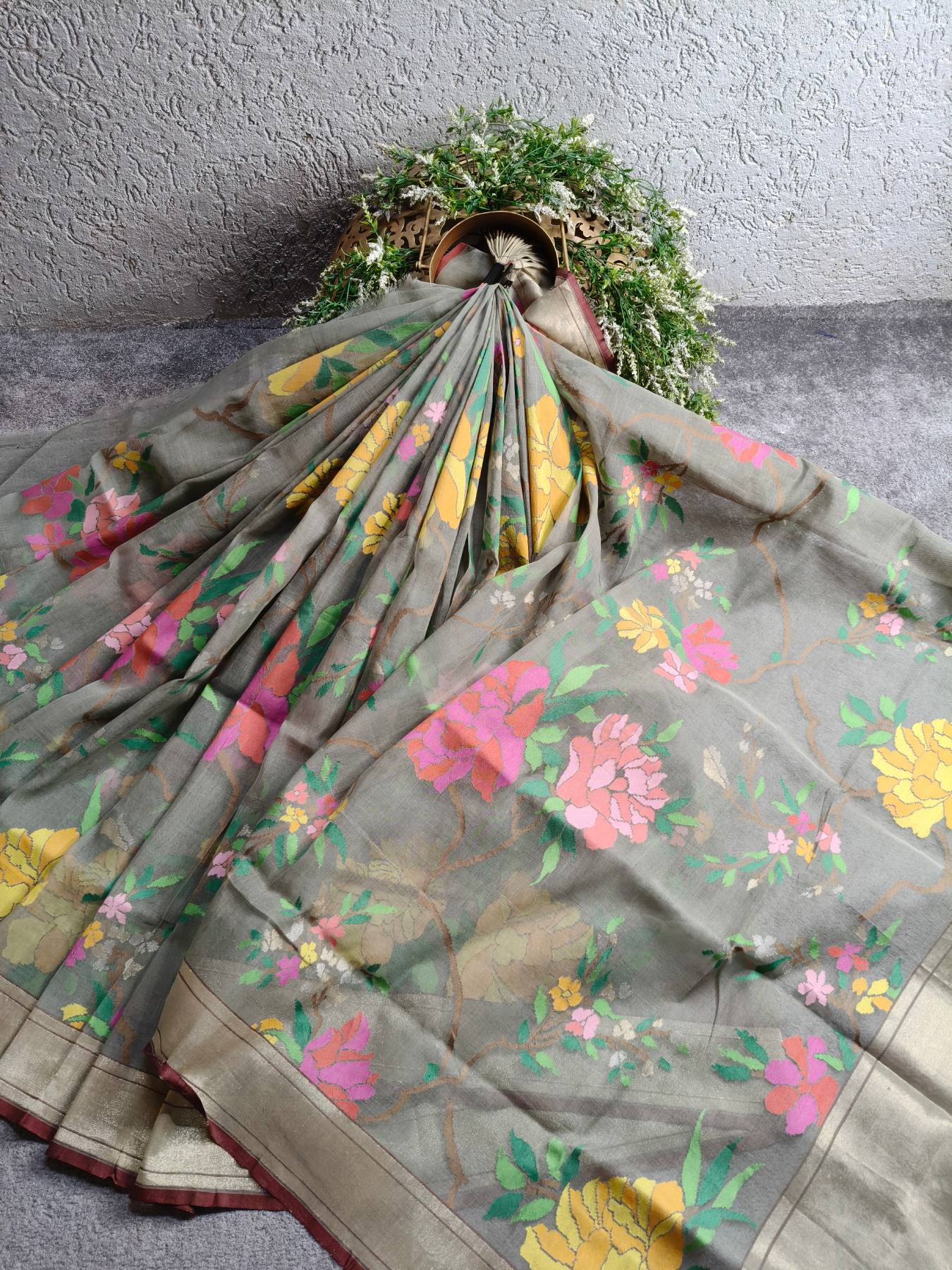 GREY REAL JARI COTTON PURE HANDLOOM BANARASI SAREE