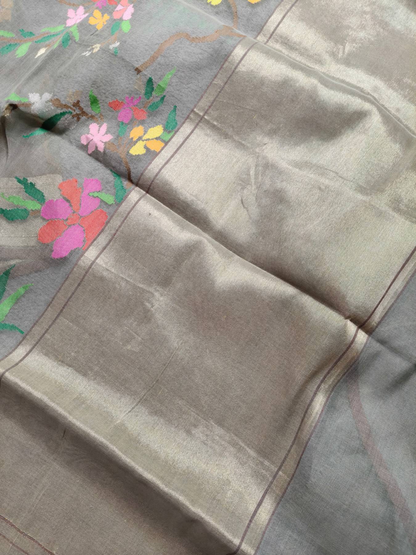 GREY REAL JARI COTTON PURE HANDLOOM BANARASI SAREE