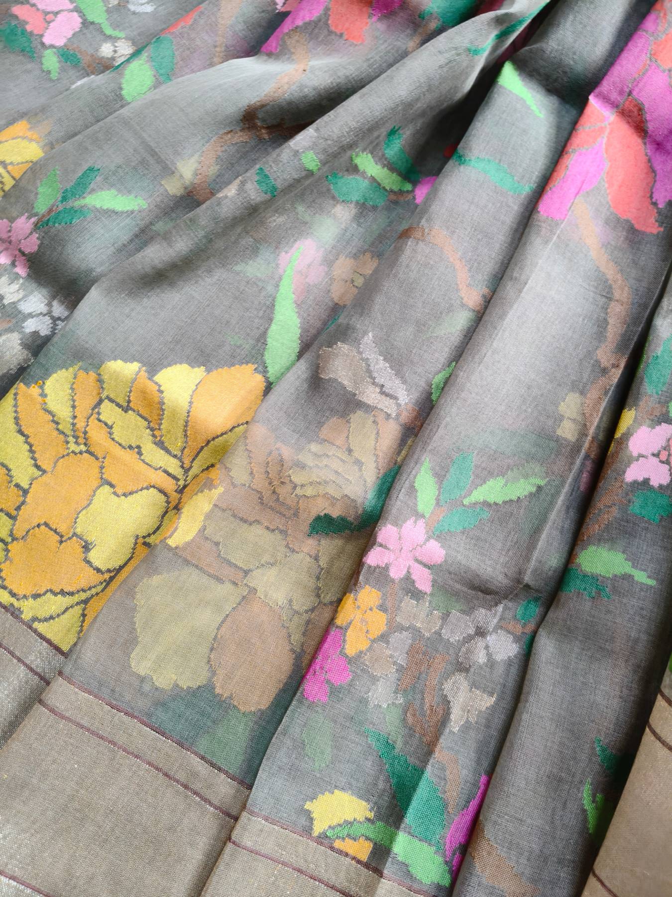 GREY REAL JARI COTTON PURE HANDLOOM BANARASI SAREE