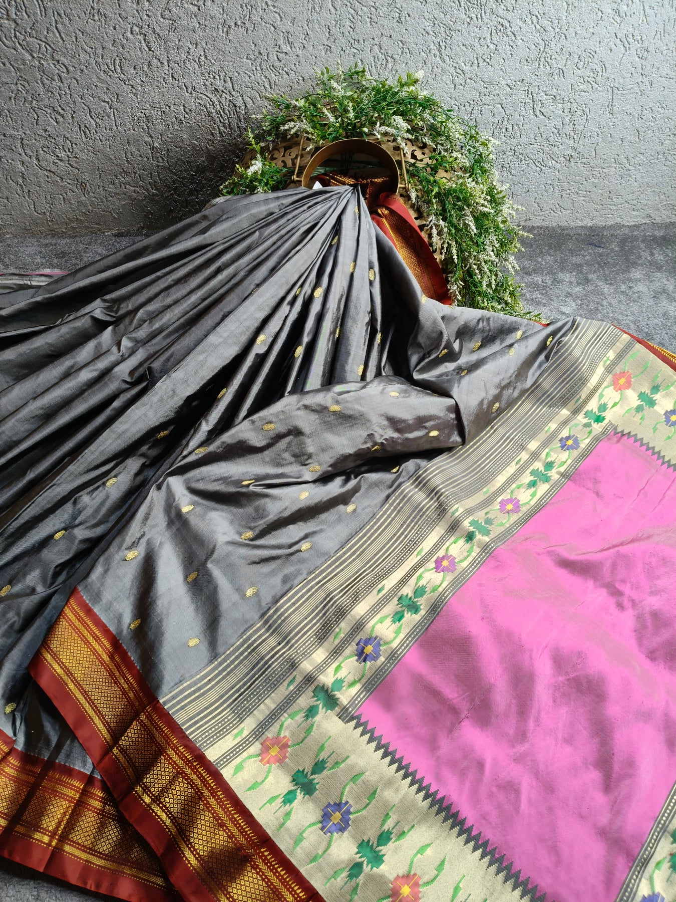 GREY SILK PURE HANDLOOM PAITHANI SAREE