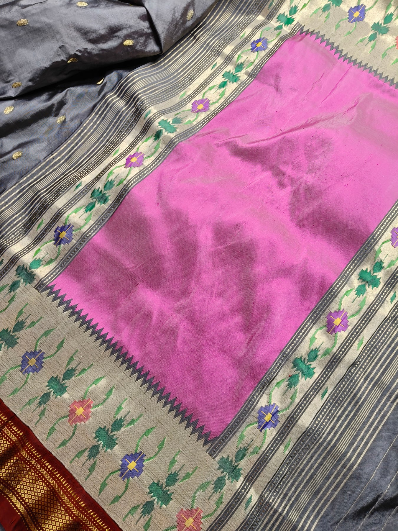 GREY SILK PURE HANDLOOM PAITHANI SAREE